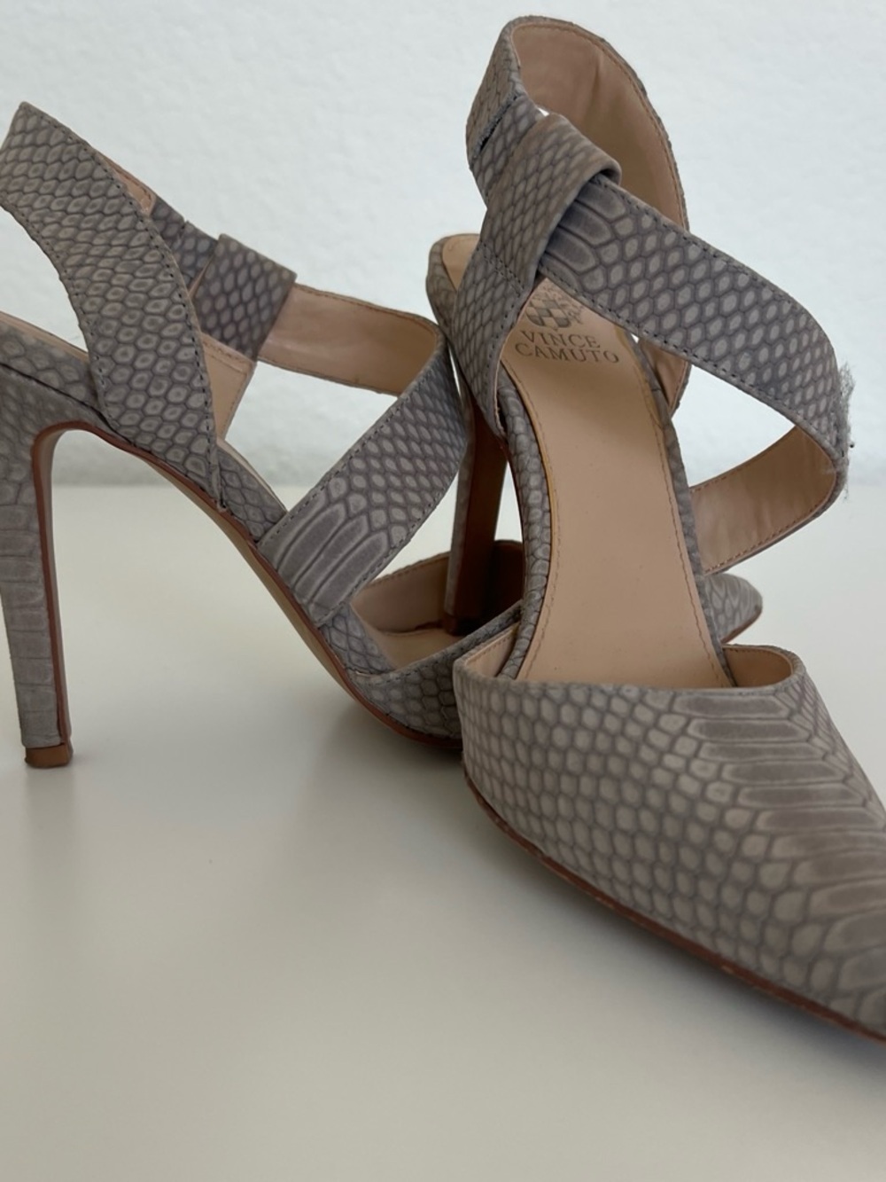 Vince Camuto Taupe Snake-Embossed Leather Strappy Stiletto Heels